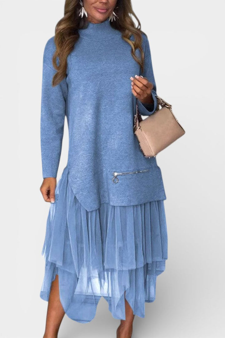High Collar Fiorenza Knit and Tulle Dress