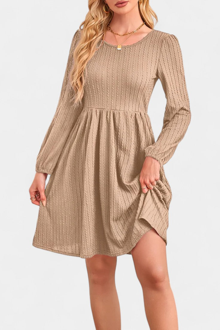 Dorothée Textured Flared Dress featuring Round Neck and Long Sleeves