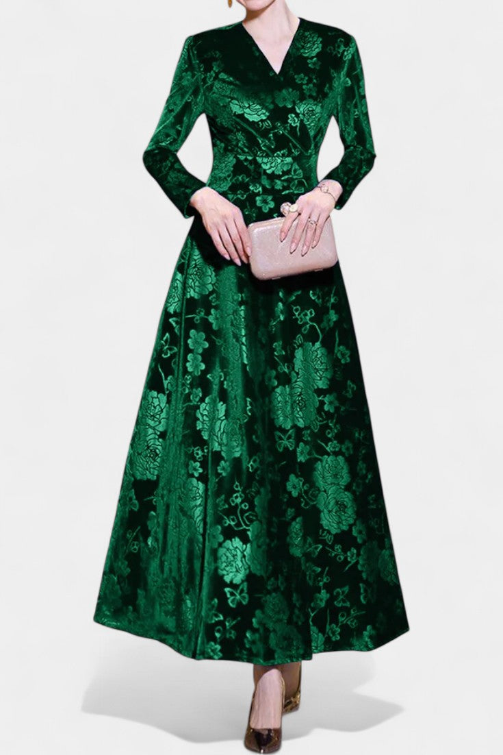 Ombeline V-Neck Long Velvet Dress with Textured Floral Design