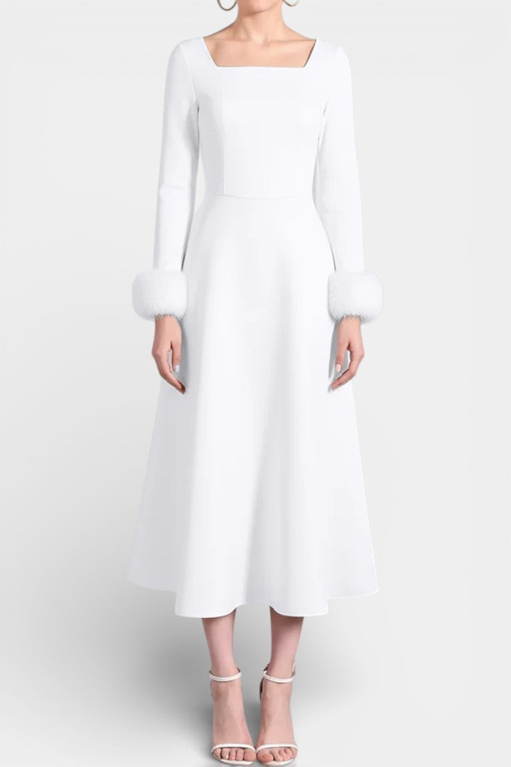 Alicia Flared Dress featuring Square Neckline and Faux Fur Patchwork Sleeves