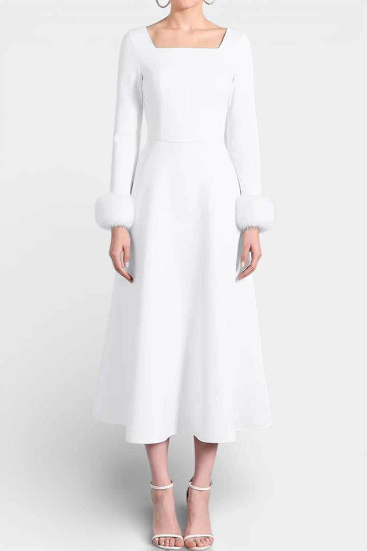 Alicia Flared Dress featuring Square Neckline and Faux Fur Patchwork Sleeves