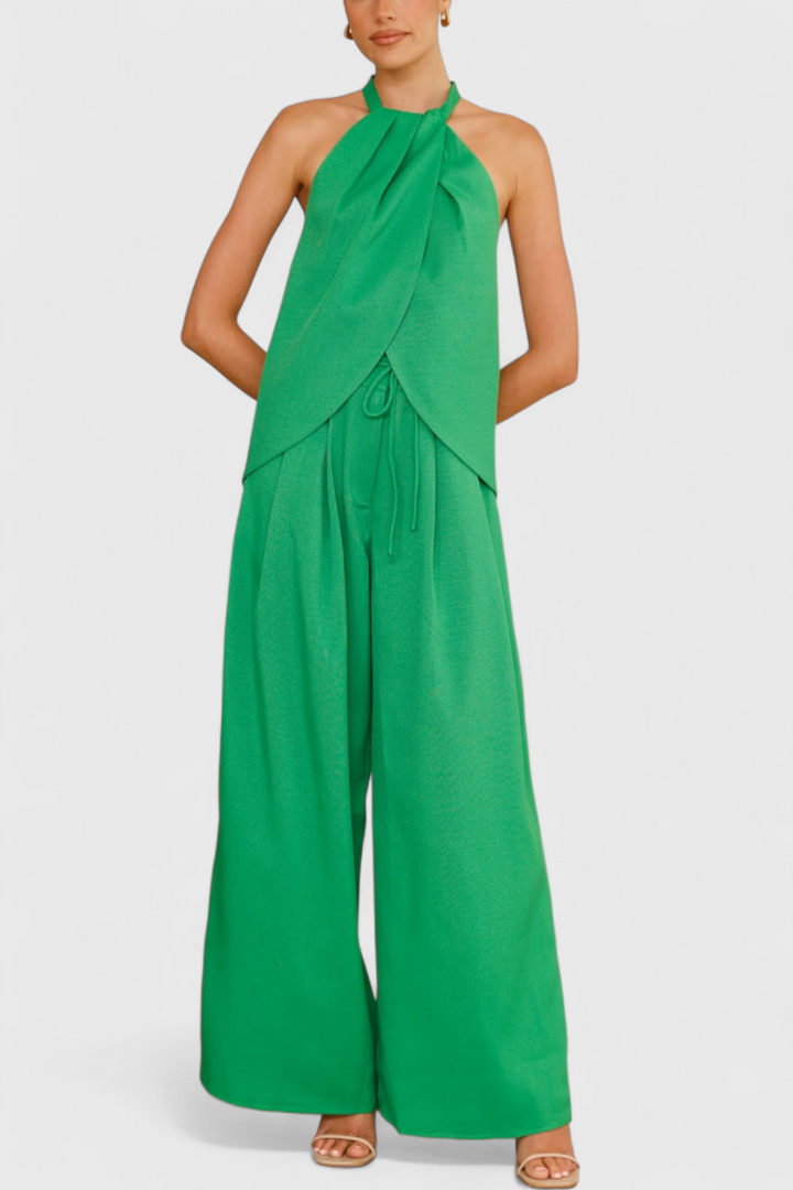 Bernadina Linen Ensemble: Front Neckline Top with Wide Leg Pants