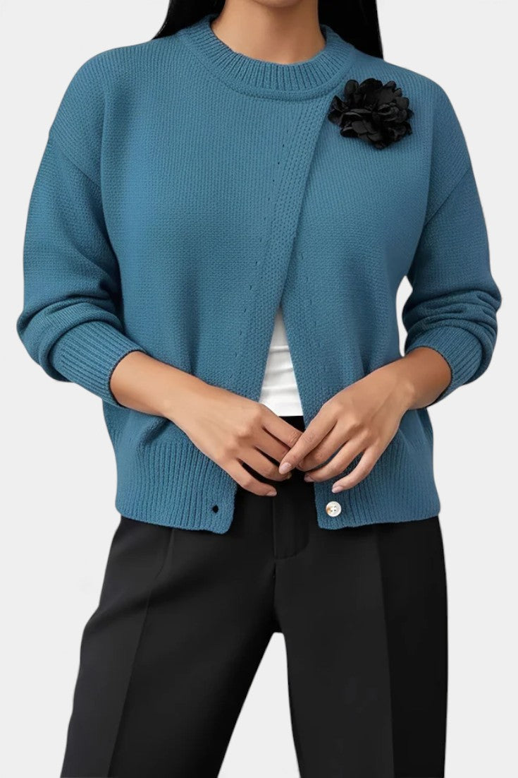 Carole Solid Color Knitted Sweater with Button Accents and Floral Embellishments