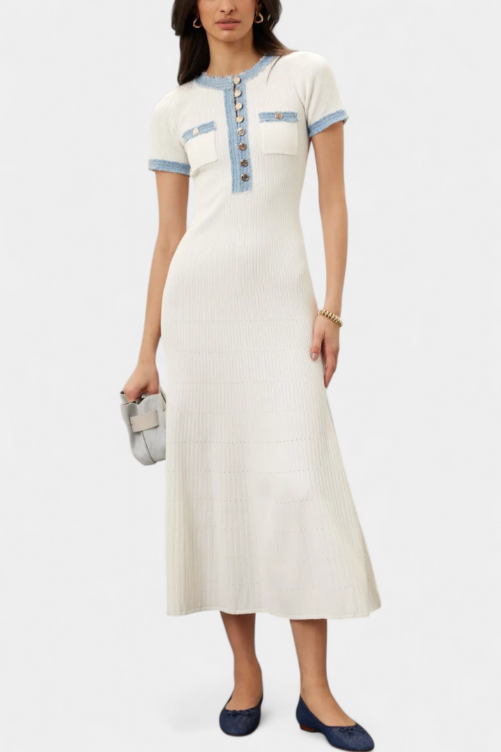 Alexia Knit Polo Dress with Open Collar and Button Accents