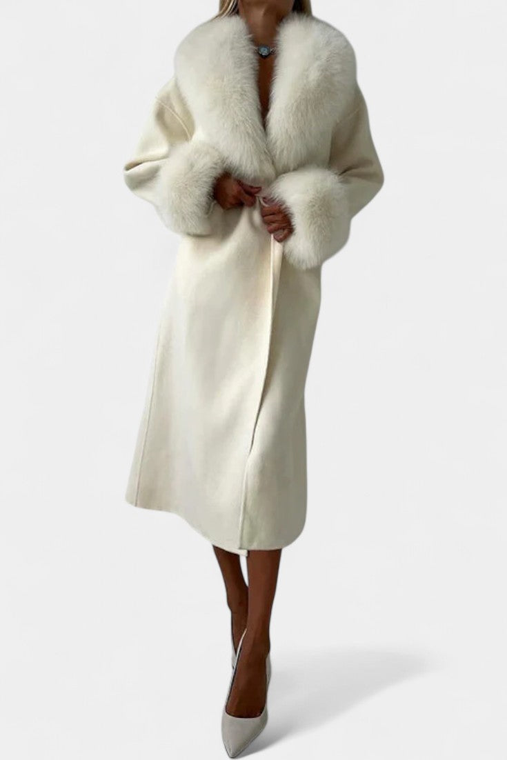 Lalie Long Coat with Faux Fur Trim and Belt