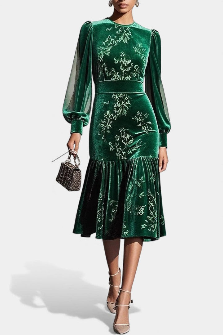 Mavluda Puff Sleeve Midi Mermaid Dress with Round Neck