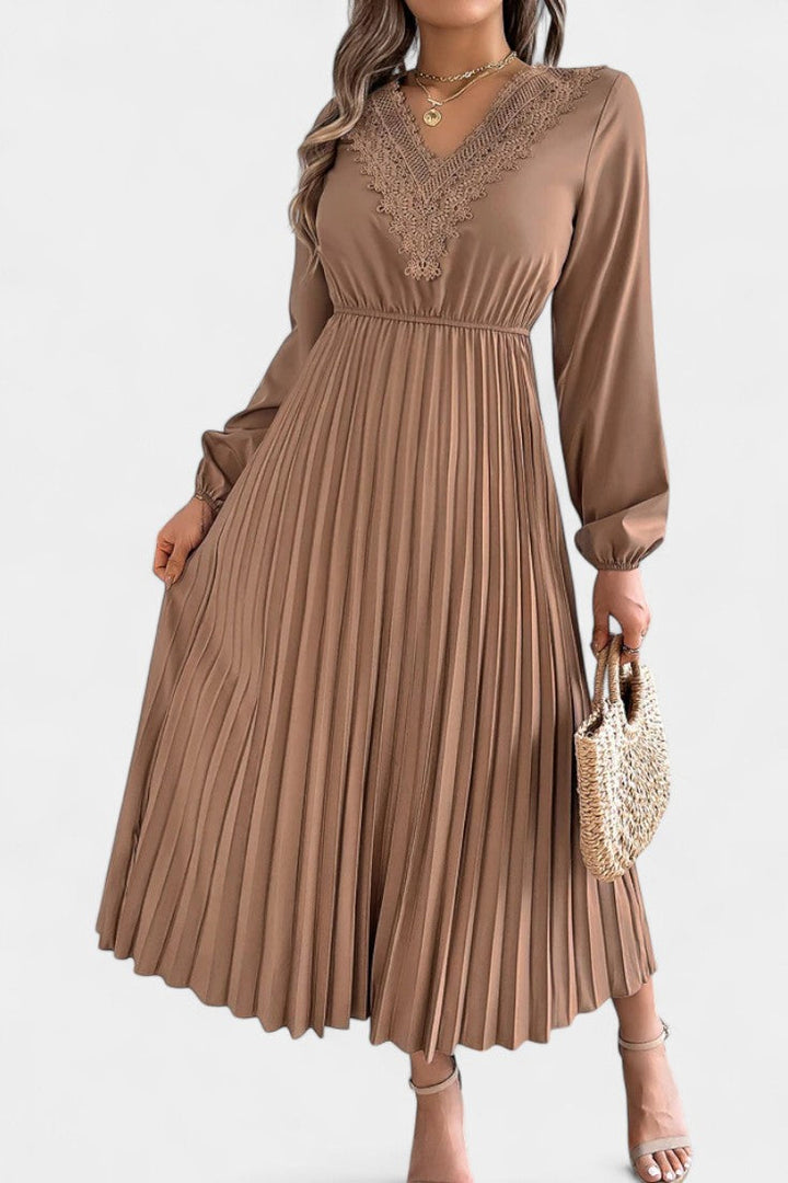 Séverine V-Neck Lace Dress with Long Puff Sleeves and Pleated Design
