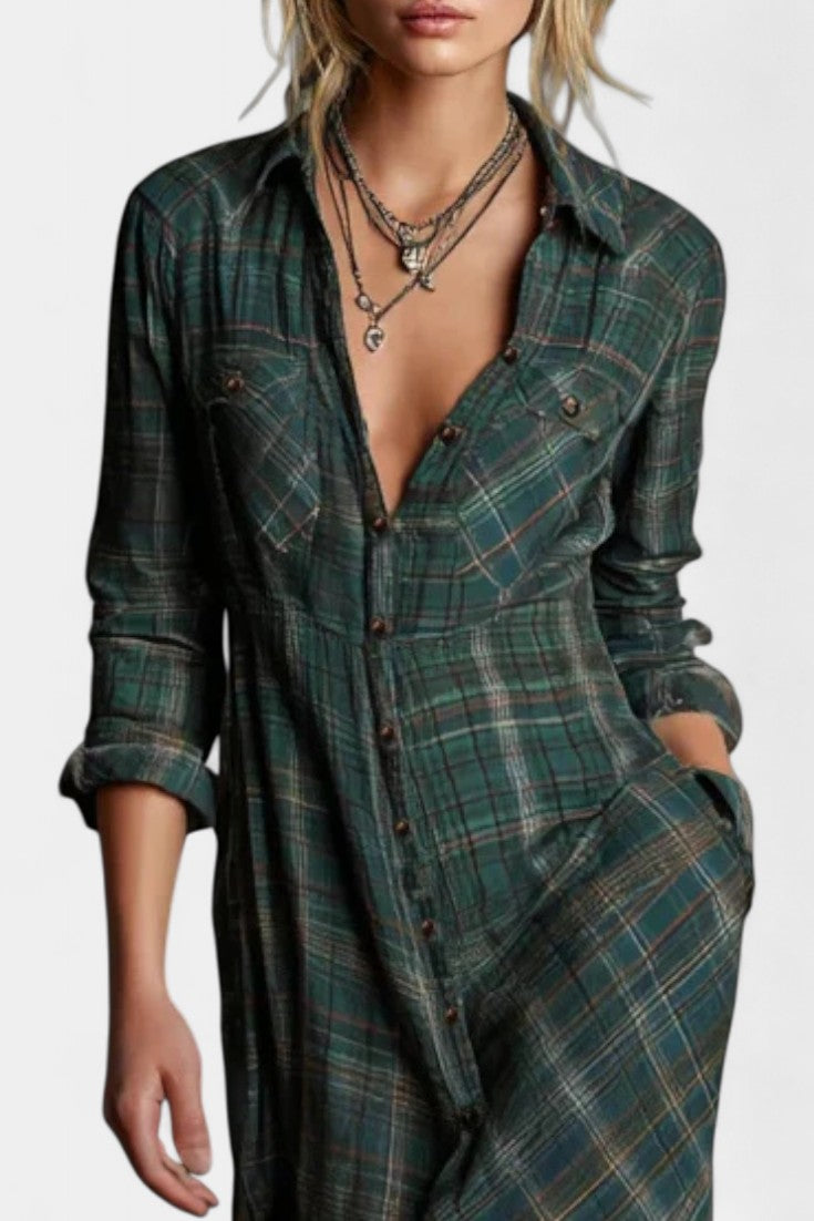 Amanita Green Check Maxi Dress with Structured Lapel