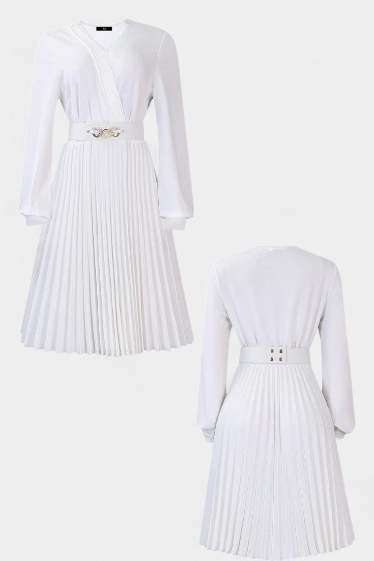 Lucie Long Sleeve Midi Dress with Pleats and Belt
