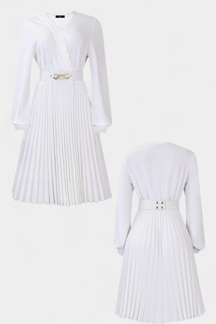 Lucie Long Sleeve Midi Dress with Pleats and Belt