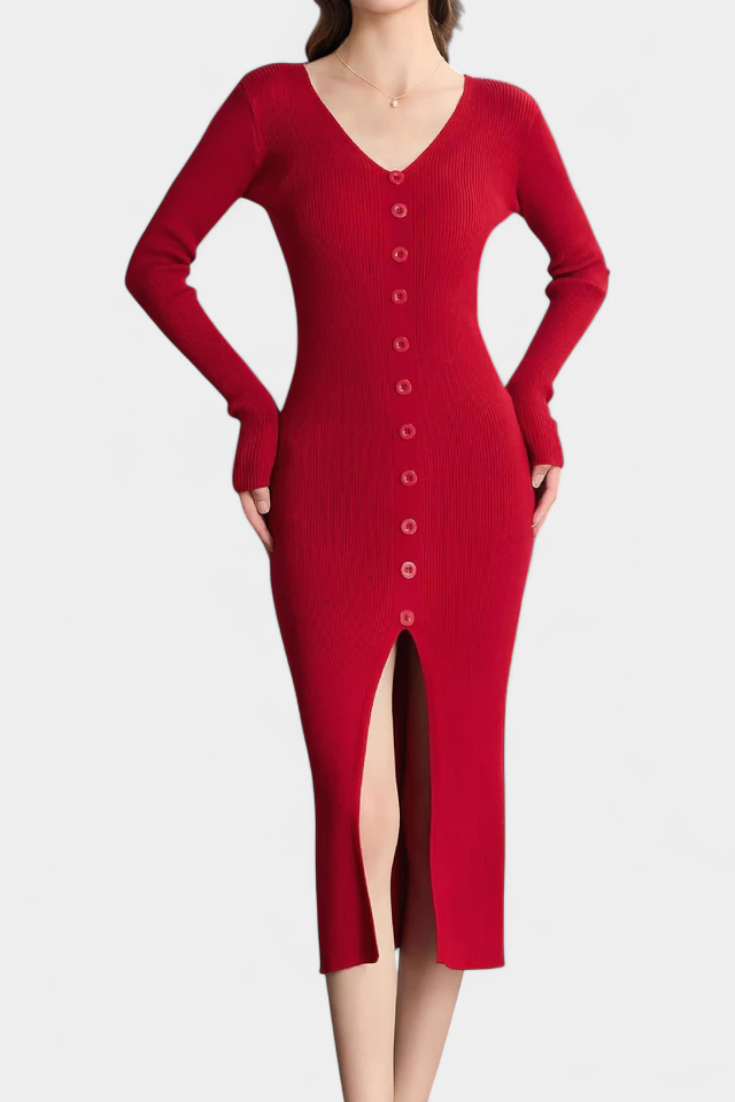 Nadège V-Neck Midi Knitted Dress with Chic Button Details