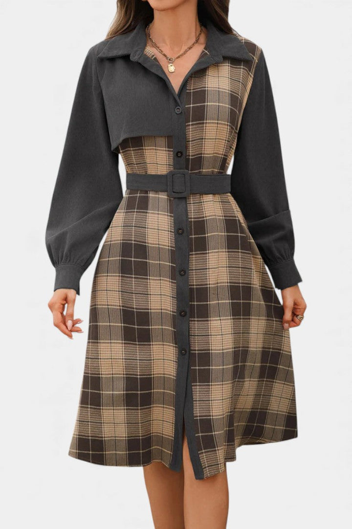 Naïla Checkered Shirt Dress with Belt - Mid-Length Style