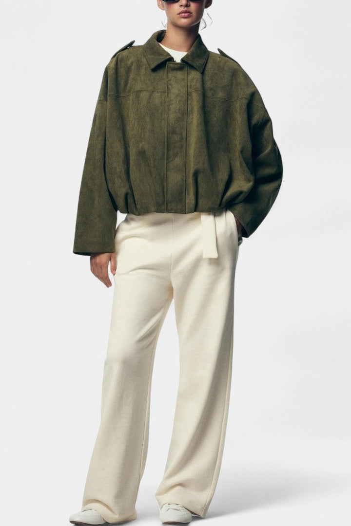Monnie Oversized Suede Bomber Jacket with Tailored Shoulders