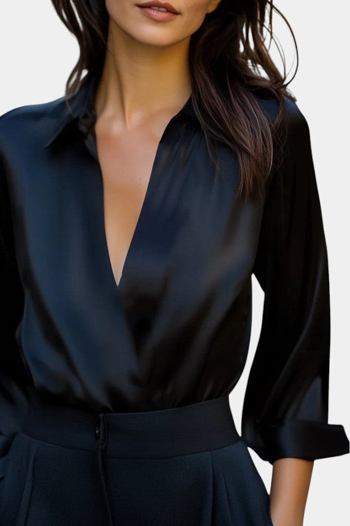 Plunging Neckline Aline Silver Satin Blouse