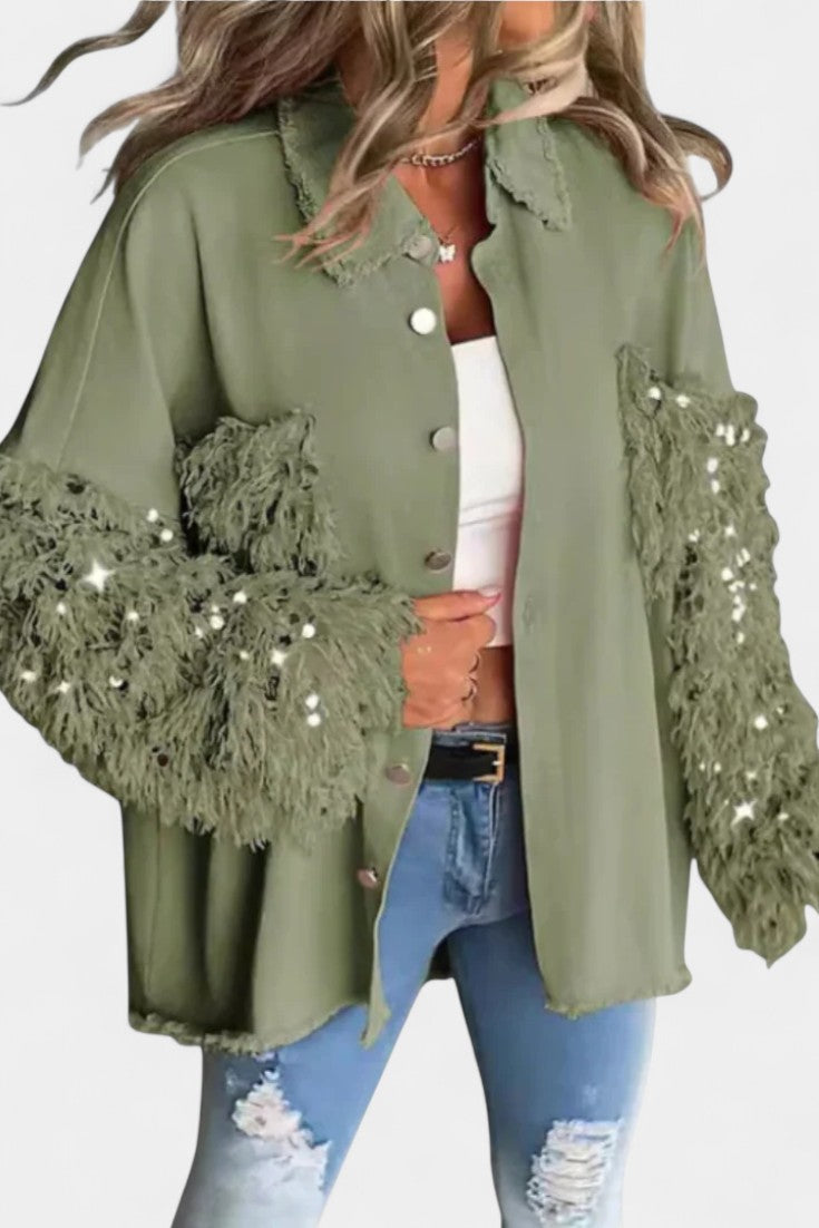 Birgit Oversized Jean Jacket with Frayed Hem and Sequin Accents
