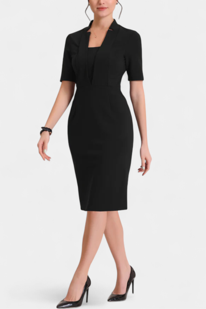 Raphaëlle Elegant V-Neck Pencil Dress with Short Sleeves