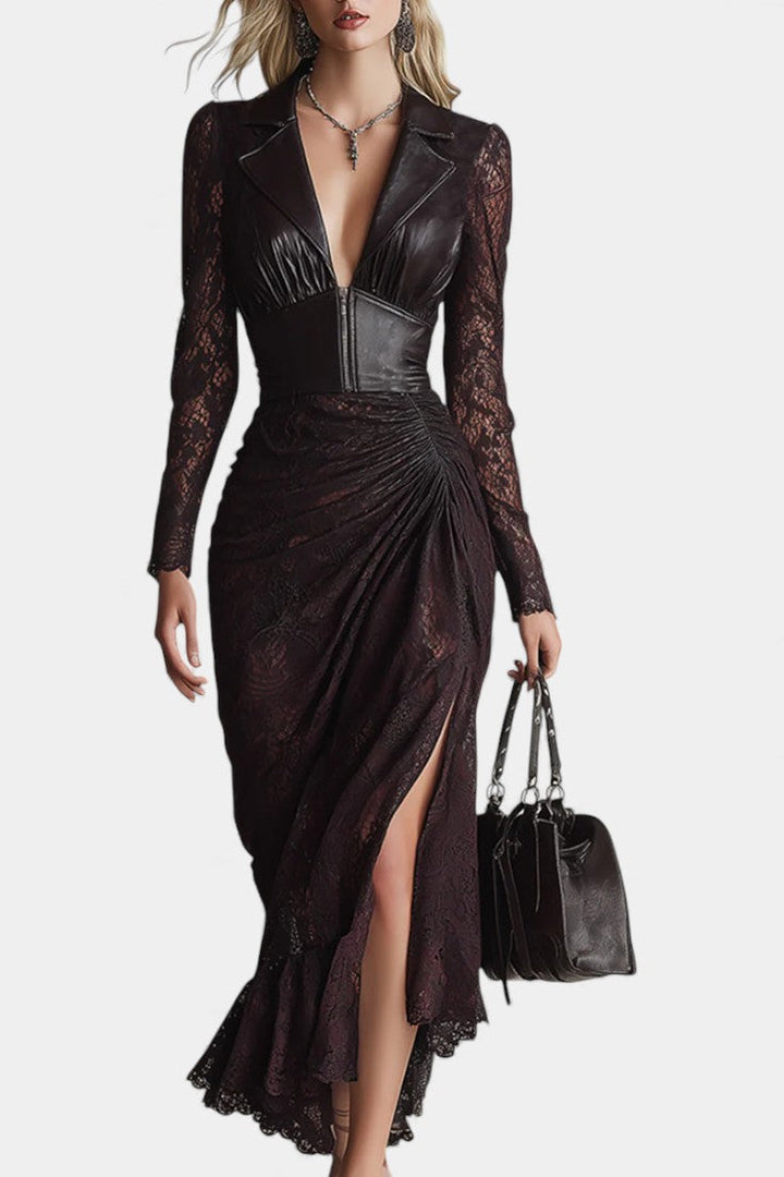 Alunna Vintage Maxi Dress with Faux Leather and Lace Accents