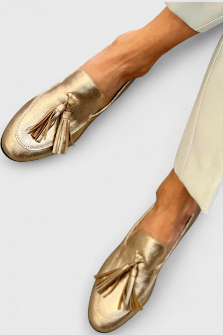 Iya Elegant Fringed Metallic Gold Loafers