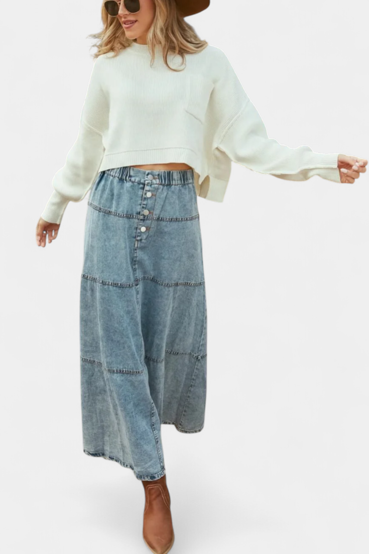 Lorraine Long Denim Skirt Featuring Feather Accents