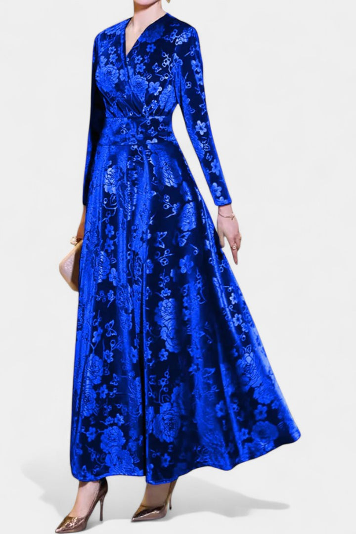 Ombeline V-Neck Long Velvet Dress with Textured Floral Design