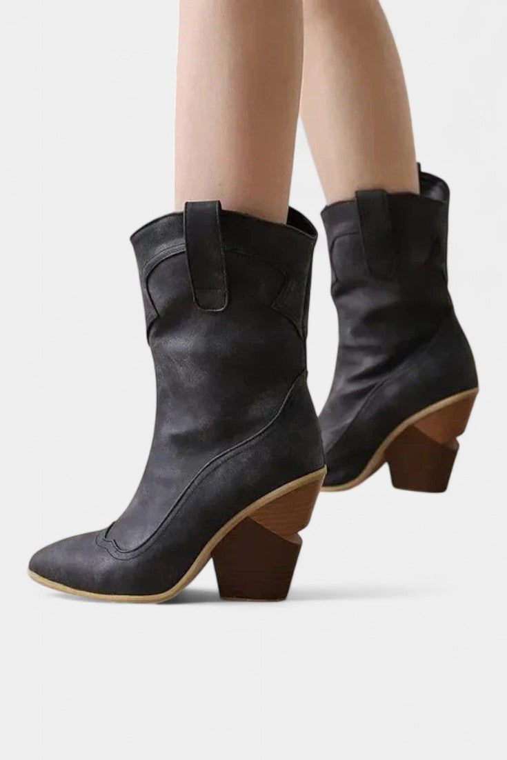 Pointed Toe Soft Leather Western Ankle Boot with Block Heel