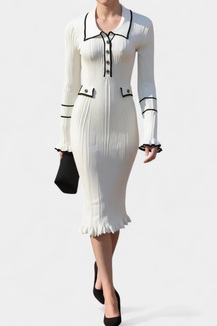 Jamila Polo Collar Knit Dress with Chic Ruffles