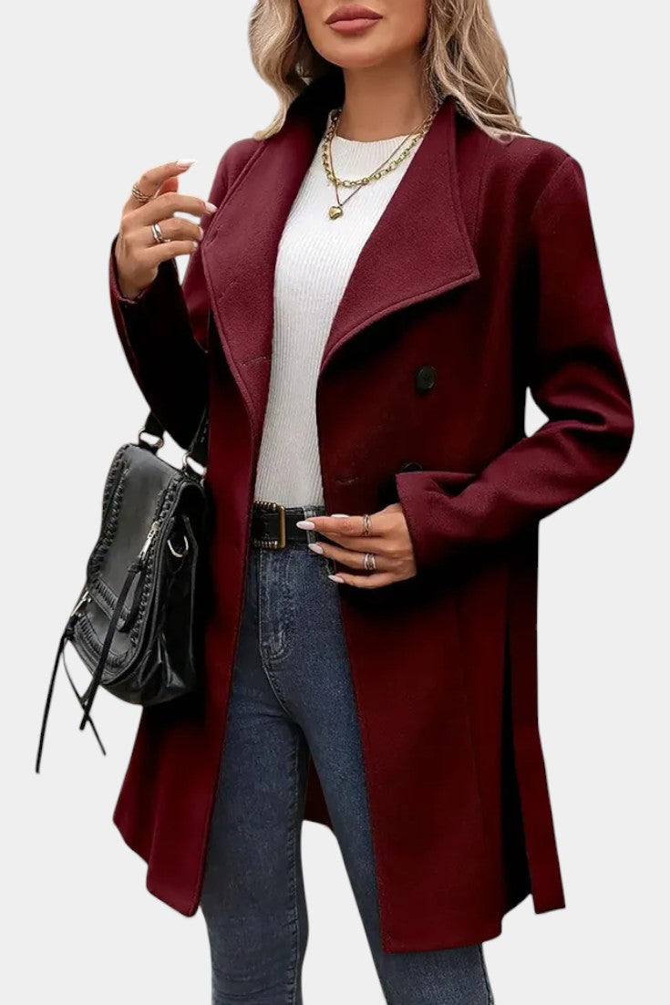 Yuliana Long Button-Up Coat with Waist Tie