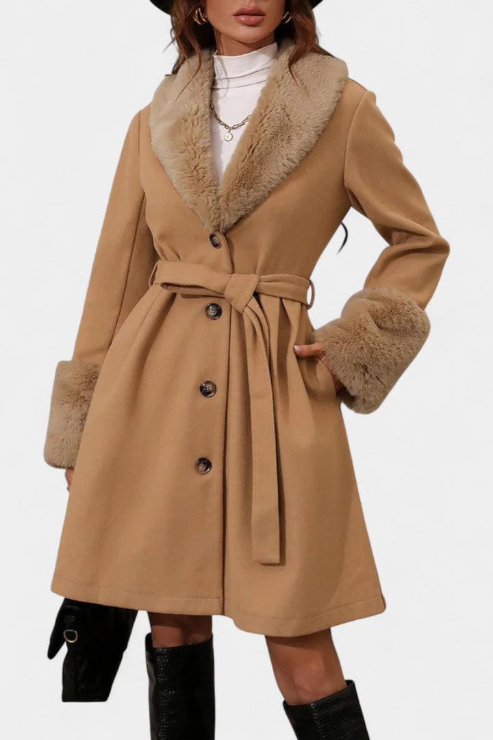 Colombine Belted Trapeze Coat with Faux Fur Accents