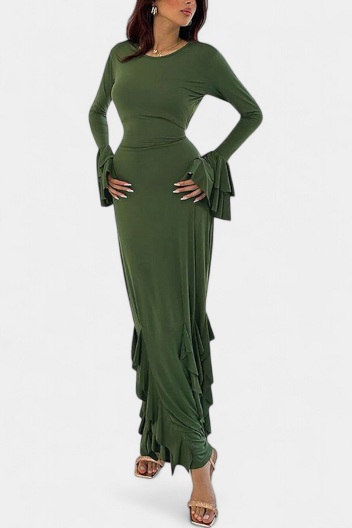 Calissa Long Fitted Dress Featuring Flared Sleeves and Flowing Ruffles