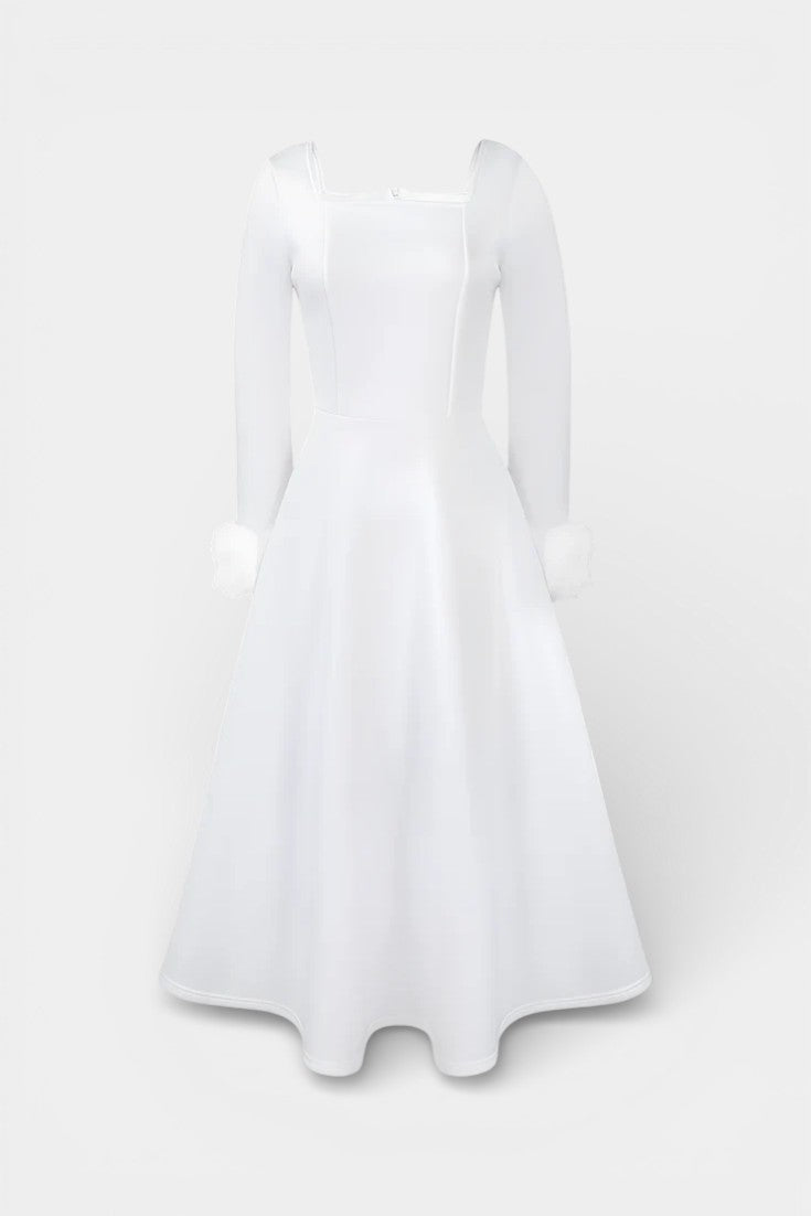 Alicia Square Neck Flared Dress with Patchwork Faux Fur Sleeves