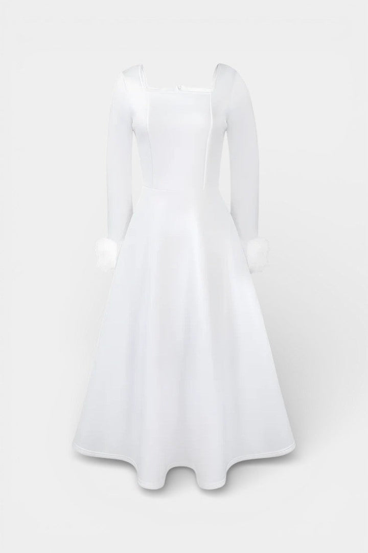 Alicia Square Neck Flared Dress with Patchwork Faux Fur Sleeves