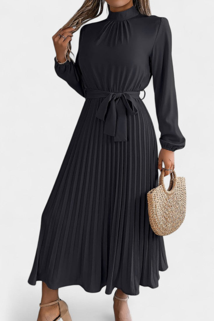 Morgane Pleated Dress Featuring a High Gathered Collar and Tied Waist