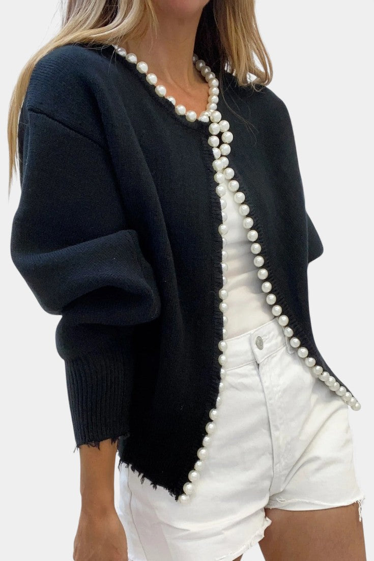 Beaded Edge Knit Cardigan with Frayed Hem by Prisette
