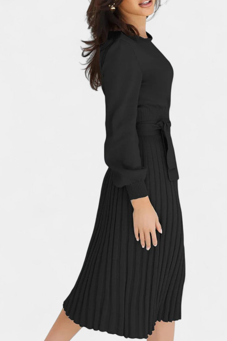 Chloéria Belted Midi Dress with Pleats and Ribbed Knit