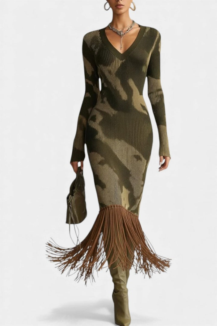 Neele Olive Camouflage Textured Fringe Midi Dress with V-Neck