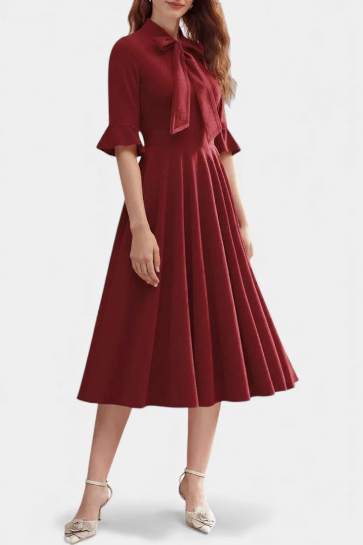 Domitille Vintage Midi Velvet Dress Featuring Ruffled Sleeves and a Chic Bow