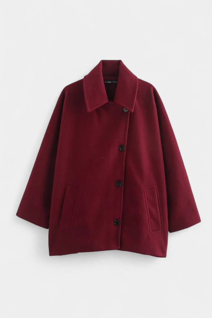 Ambreline Wool Coat with Notched Collar and Mid-Length Batwing Sleeves