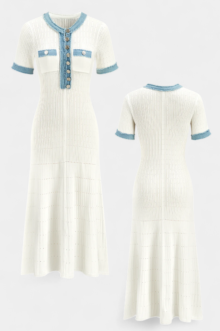 Alexia Knit Polo Dress with Open Collar and Button Accents