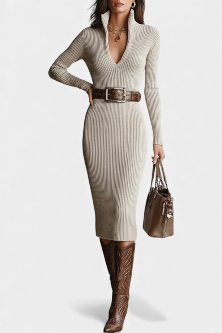 Susana Fitted Midi Knit Dress with Half-Roll Collar and V-Neck - Beltless Design