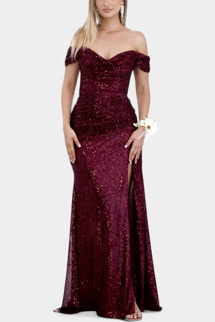 Off-Shoulder Mermaid Dress by Ariel with Ruched Corset and High Slit