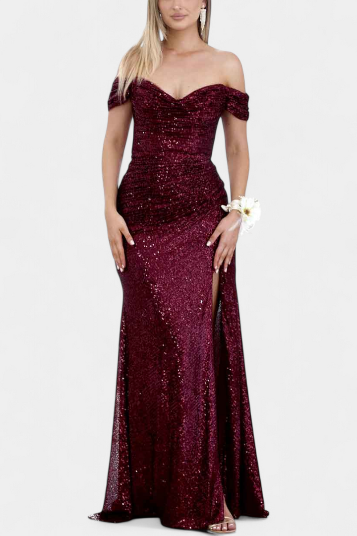 Off-Shoulder Mermaid Dress by Ariel with Ruched Corset and High Slit