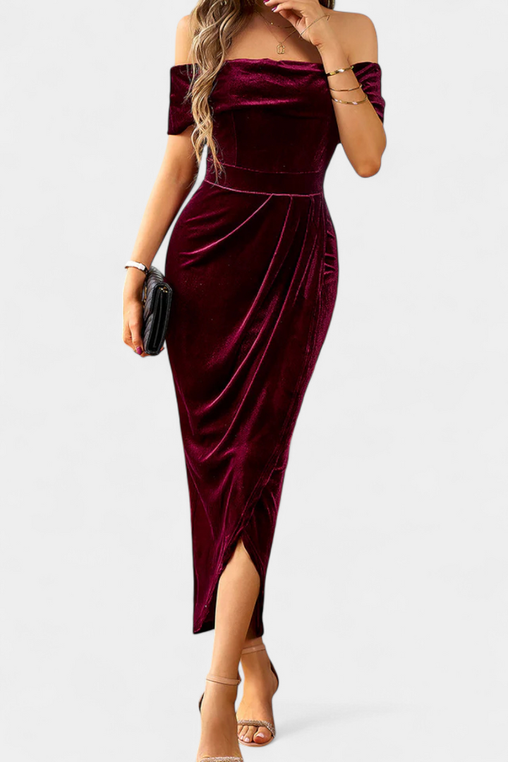 Geneviève Off-Shoulder Midi Velvet Dress with Side Slit