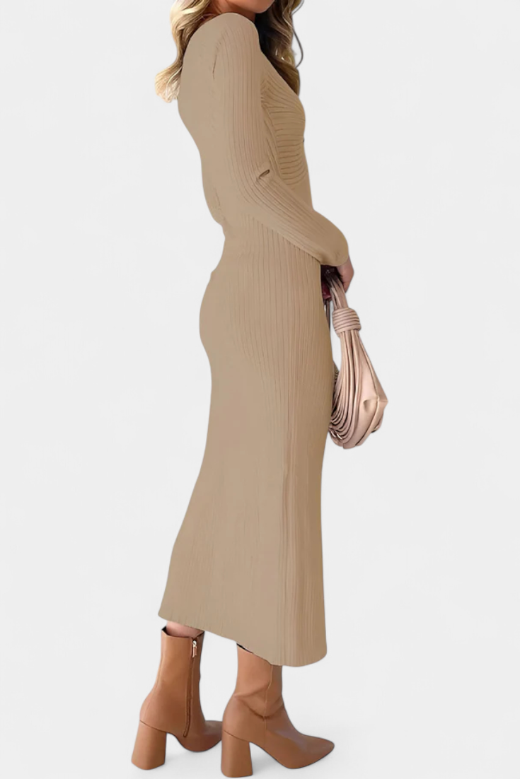 Mélusine Ruched V-Neck Long Sleeve Fitted Knit Dress