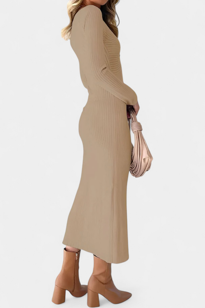 Mélusine Ruched V-Neck Long Sleeve Fitted Knit Dress