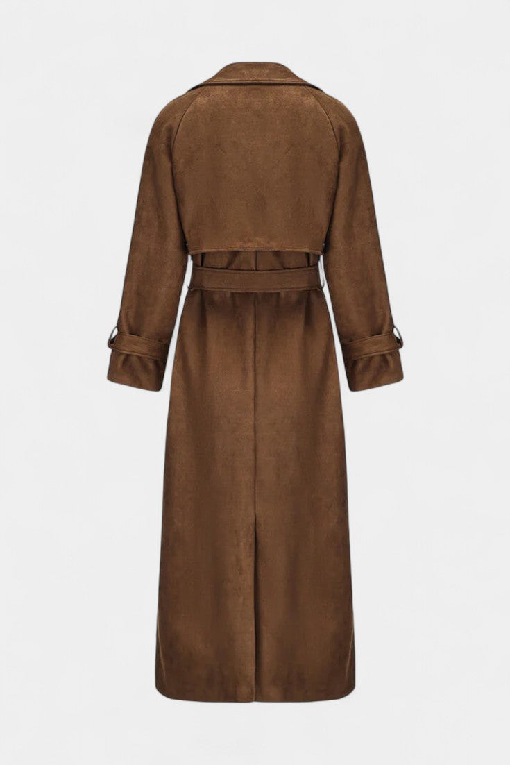Leelie Adjustable Belt Maxi Trench Coat in Synthetic Suede