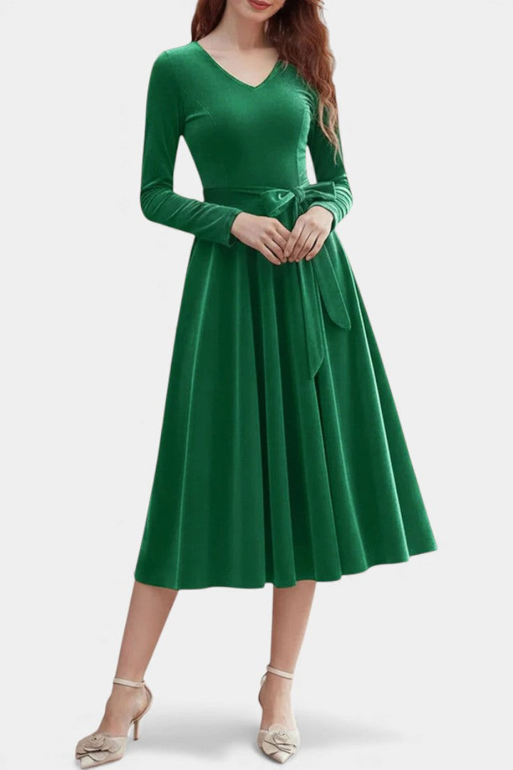 Almena V-Neck Midi Velvet Dress - Elegant and Perfect for Festive Occasions