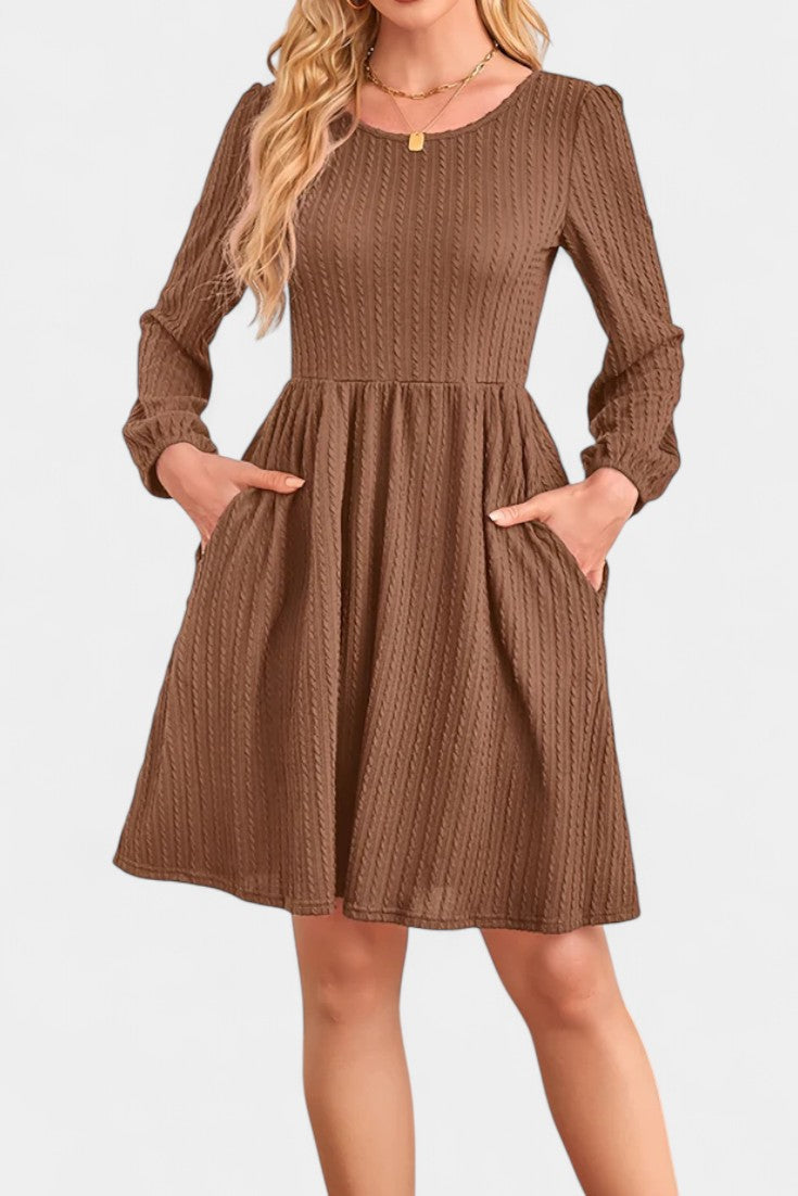 Dorothée Long Sleeve Textured Flared Dress with Round Neck