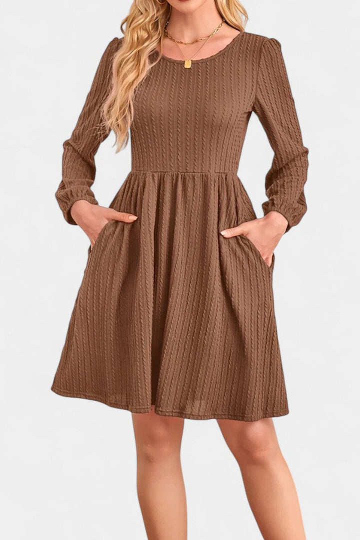 Dorothée Long Sleeve Textured Flared Dress with Round Neck