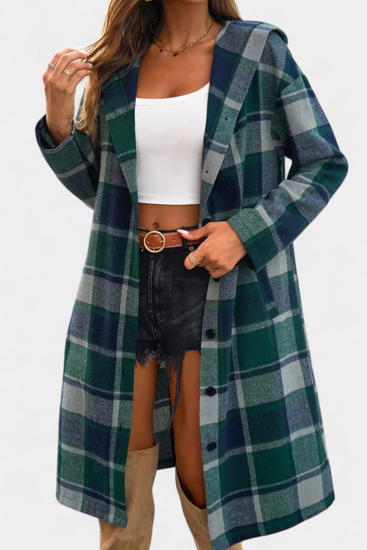 Sandrine Plaid Hooded Jacket with Brushed Texture and Button Closure