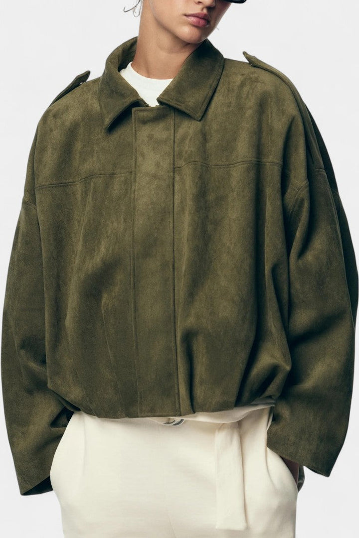Monnie Suede Oversized Bomber Jacket with Structured Shoulders